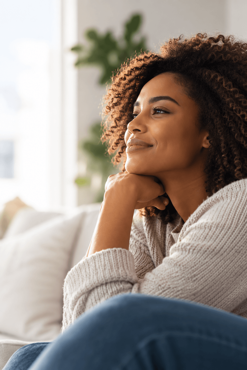 A woman sitting peacefully in a bright room