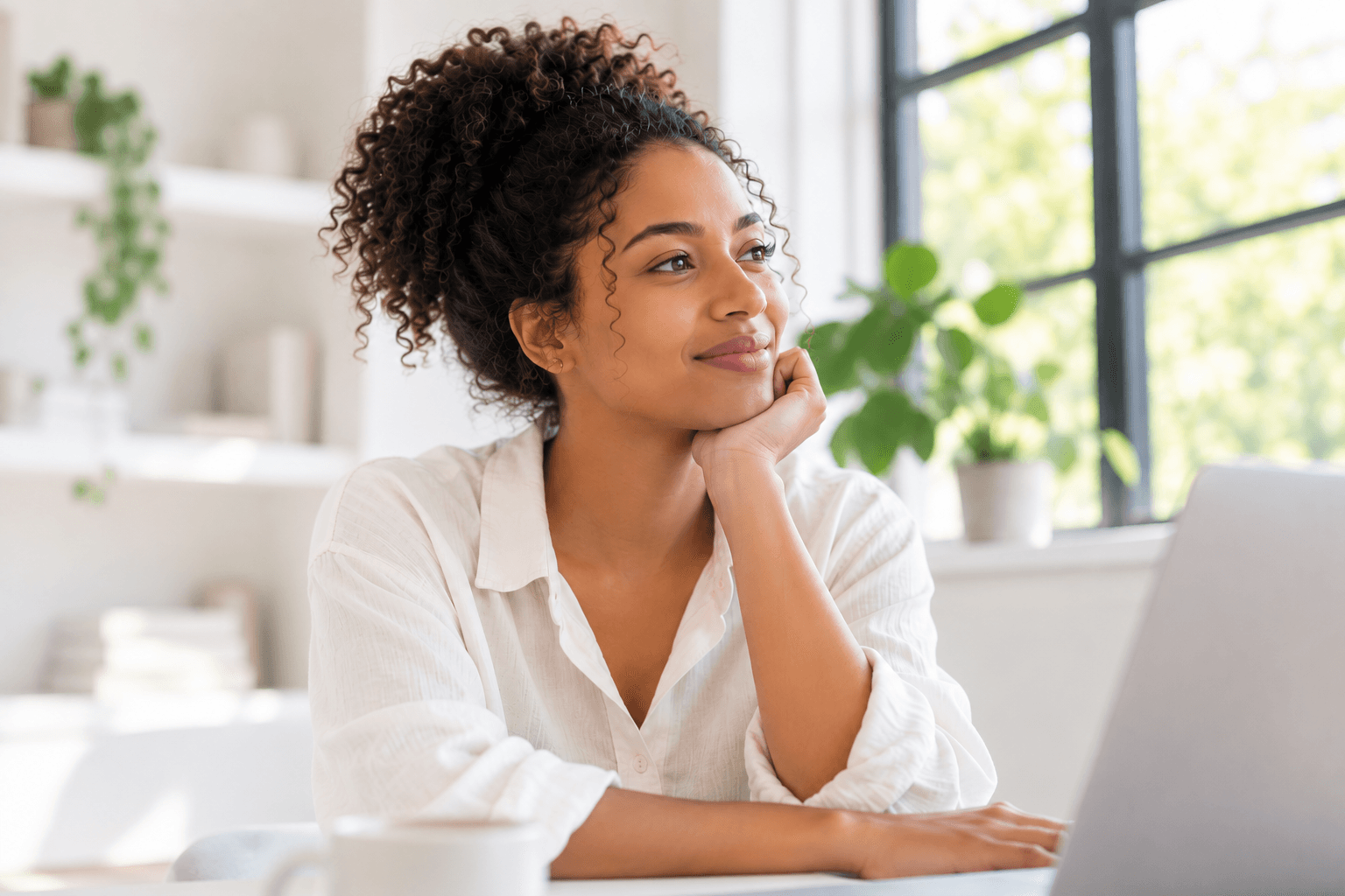 A woman sitting thoughtfully near a bright window