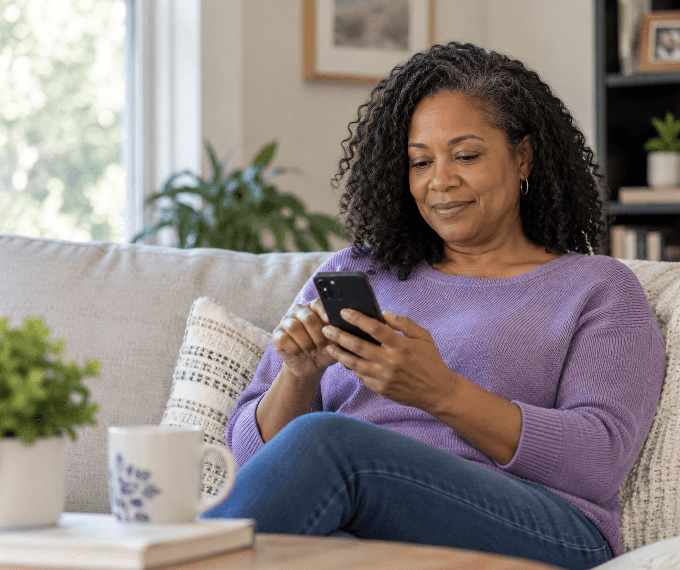 A woman sitting comfortably at home using her phone